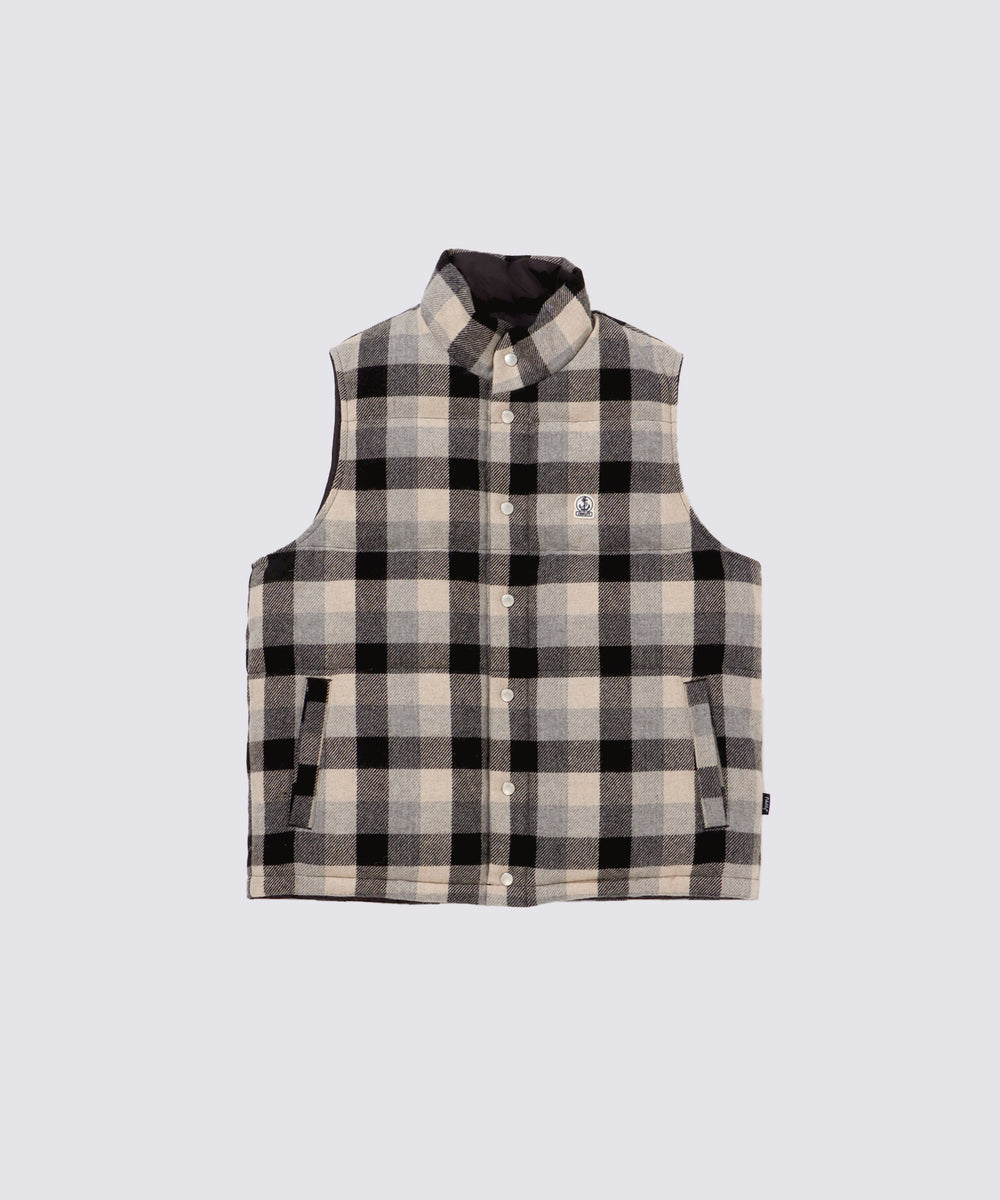 RECYCLED WOOL CHECK REVERSIBLE DOWN VEST (Black