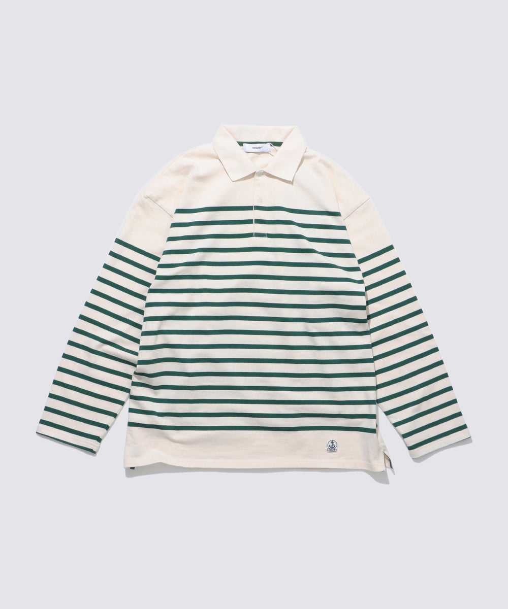 PANEL BORDER L/S POLO (Natural × Dark Green) | パネルボーダー