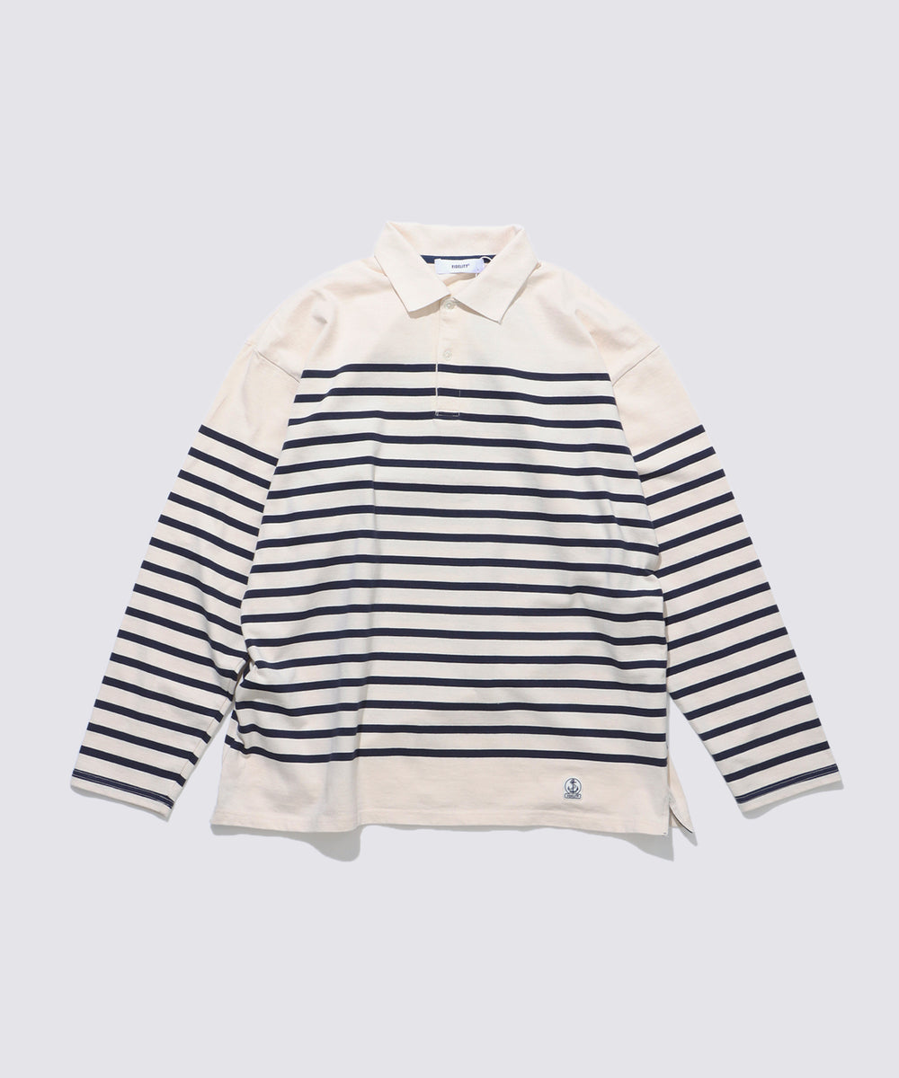 PANEL BORDER L/S POLO (Natural × Navy) | パネルボーダーポロシャツ