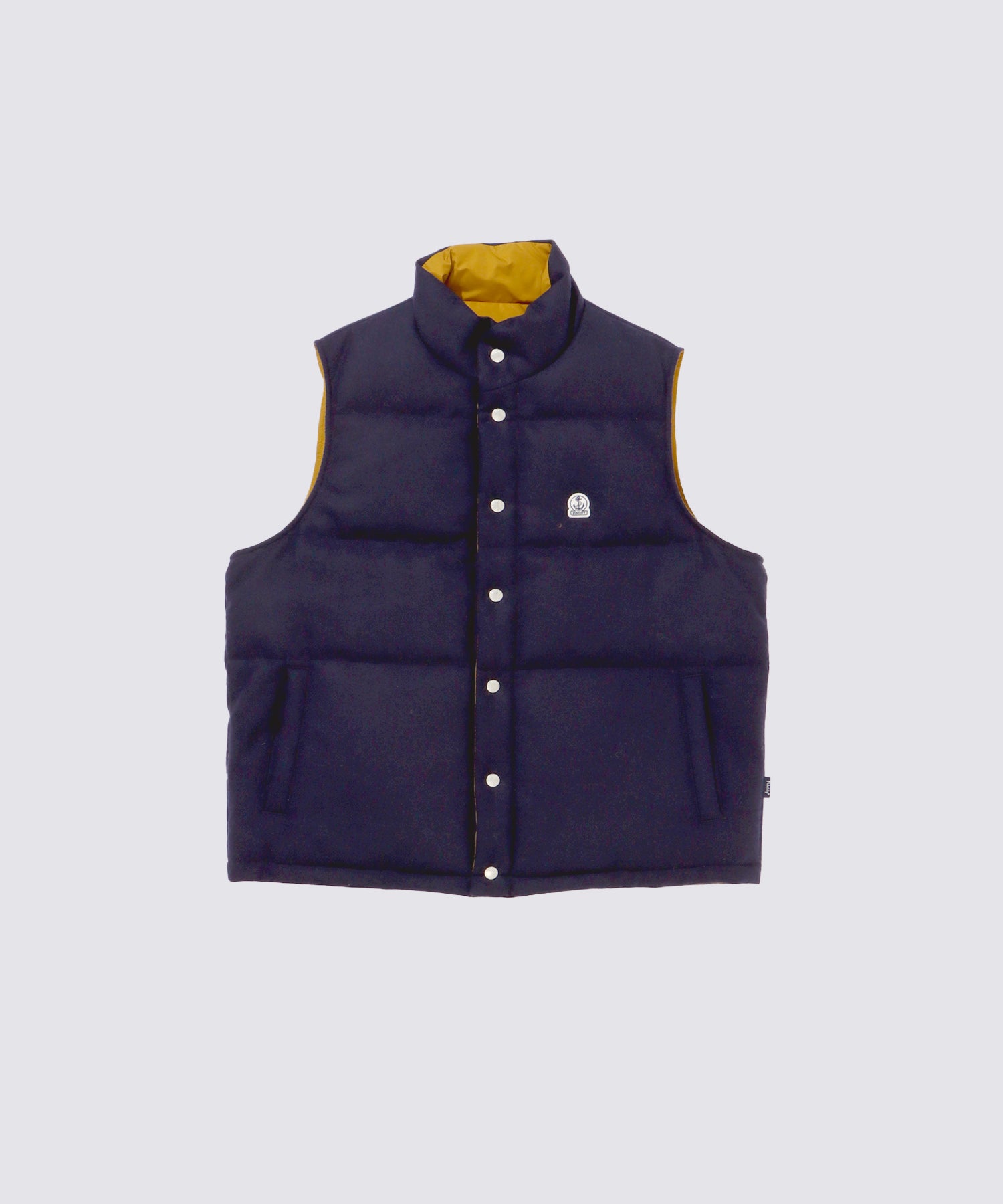 RECYCLED WOOL REVERSIBLE DOWN VEST (Navy×Yellow)｜リバーシブル